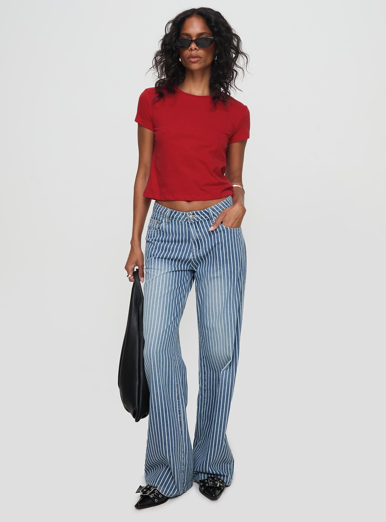 front view of model wearing Princess Polly Blaise Jeans Blue Stripe Mid Rise 