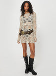 Front view of model wearing  front Princess Polly High Neck  Atzaro Crochet Mini Dress Almond