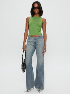 front view of model wearing Princess Polly Slow Ride Belted Jeans Light Blue Mid Rise 