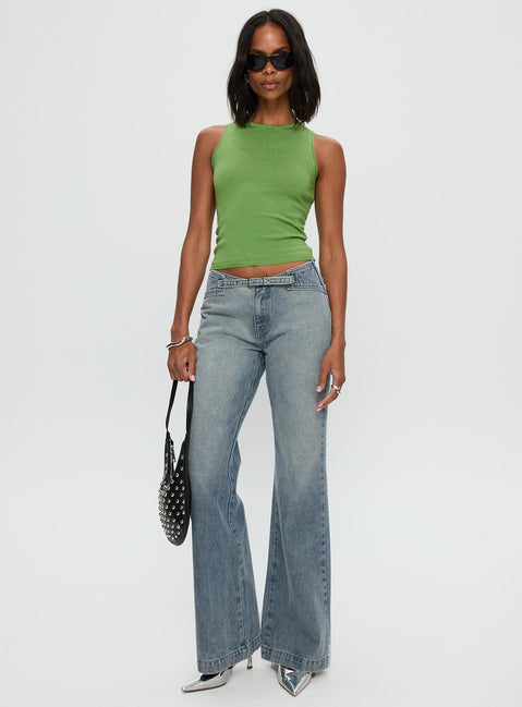 front view of model wearing Princess Polly Slow Ride Belted Jeans Light Blue Mid Rise 