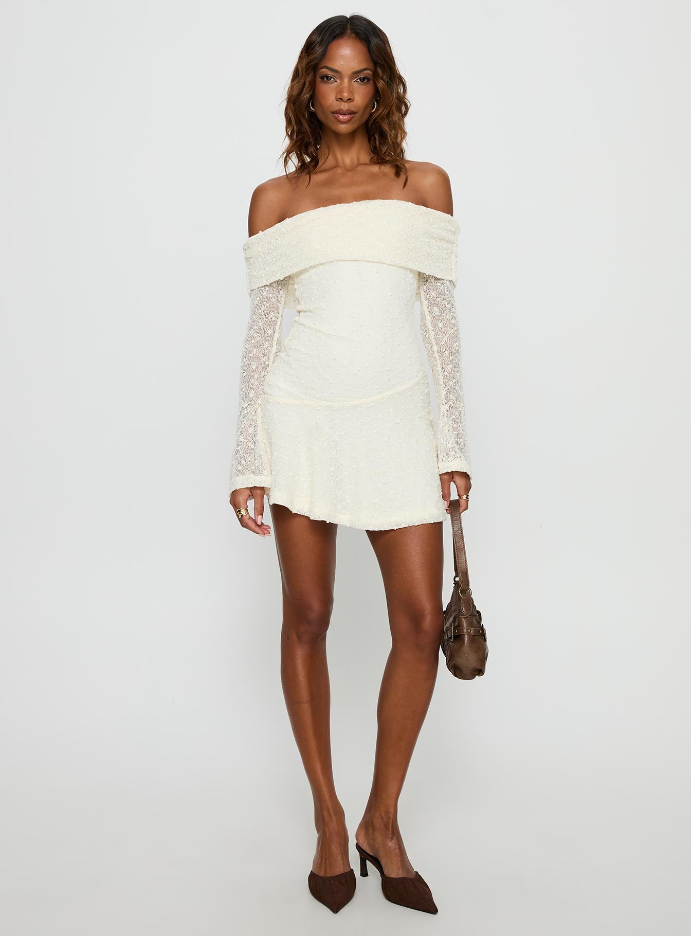 Ivee Off Shoulder Long Sleeve Mini Dress Cream | Princess Polly