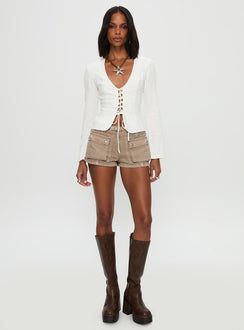 back view of model wearing Princess Polly Clouded Linen Long Sleeve Top White Full Sleeves Plunger 