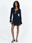 Front view of model wearing  front Princess Polly High Neck  Taron Long Sleeve Mini Dress Navy