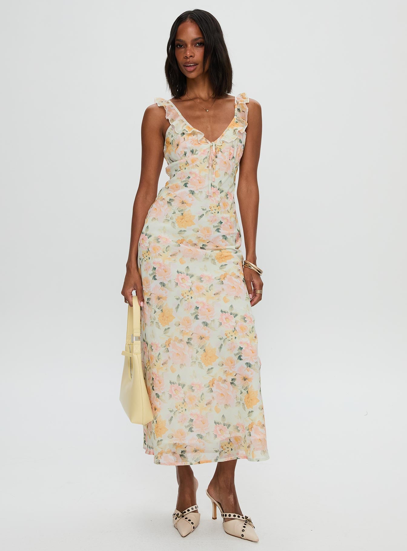 side view of model wearing Princess Polly On A Wave Frill Detail Maxi Dress Multi V-Neck 