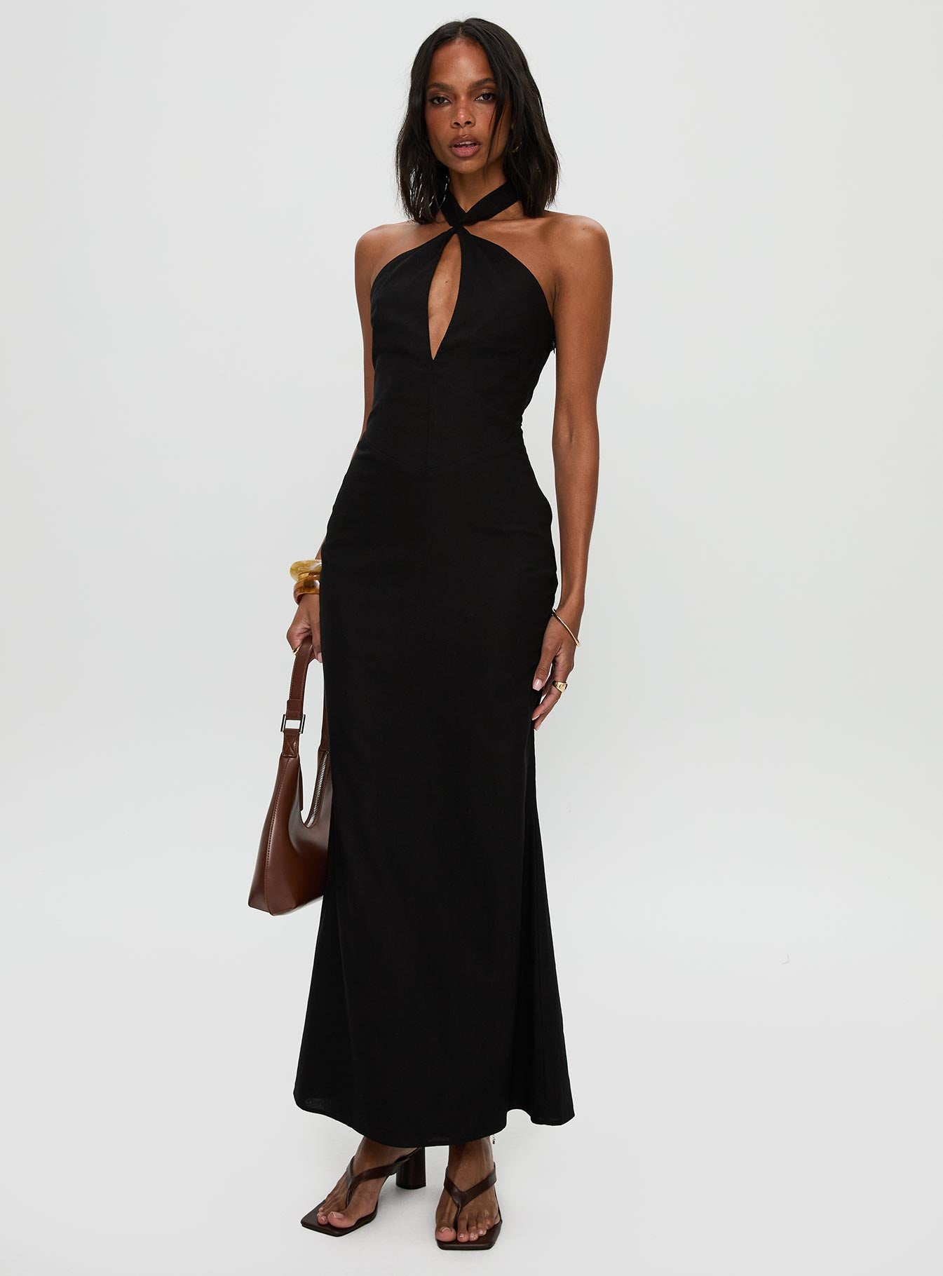 polyester halter dress Women's Halter Maxi Bodycon Dress White/Black Bow Stretch Knit Polyester