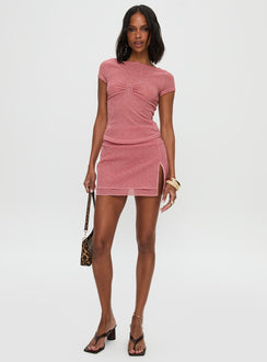   front view of model wearing Princess Polly Flattered Shimmer Mini Skirt Pink Mini Skirts 