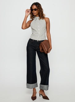 side view of model wearing Princess Polly Squire Mid Rise Straight Leg Folded Hem Jeans Indigo Wash Mid Rise Jeans 