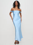 front view of model wearing Princess Polly Azura Off The Shoulder Maxi Dress Blue Straight Neck 