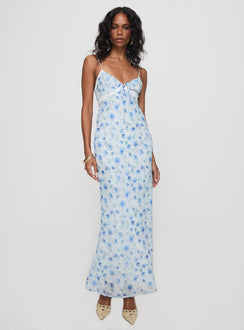side view of model wearing Princess Polly Emily Maxi Dress Blue Floral V-Neck 