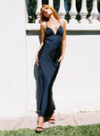 front view of model wearing Princess Polly Dolcini Halter Maxi Dress Navy Plunger 