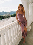Mauve maxi dress Halter style, pinched bust, ruched detail, split hem, invisible zip fastening