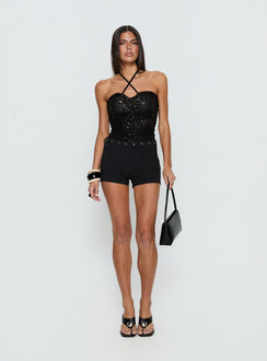 side view of model wearing Princess Polly Edana Ruched Sequin Bodysuit Black Sleeveless 