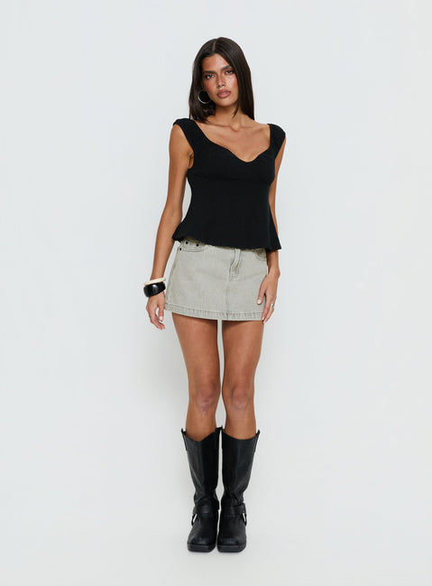   side view of model wearing Princess Polly Nicolina Low Rise Denim Mini Skirt Washed Grey Mini Skirts 