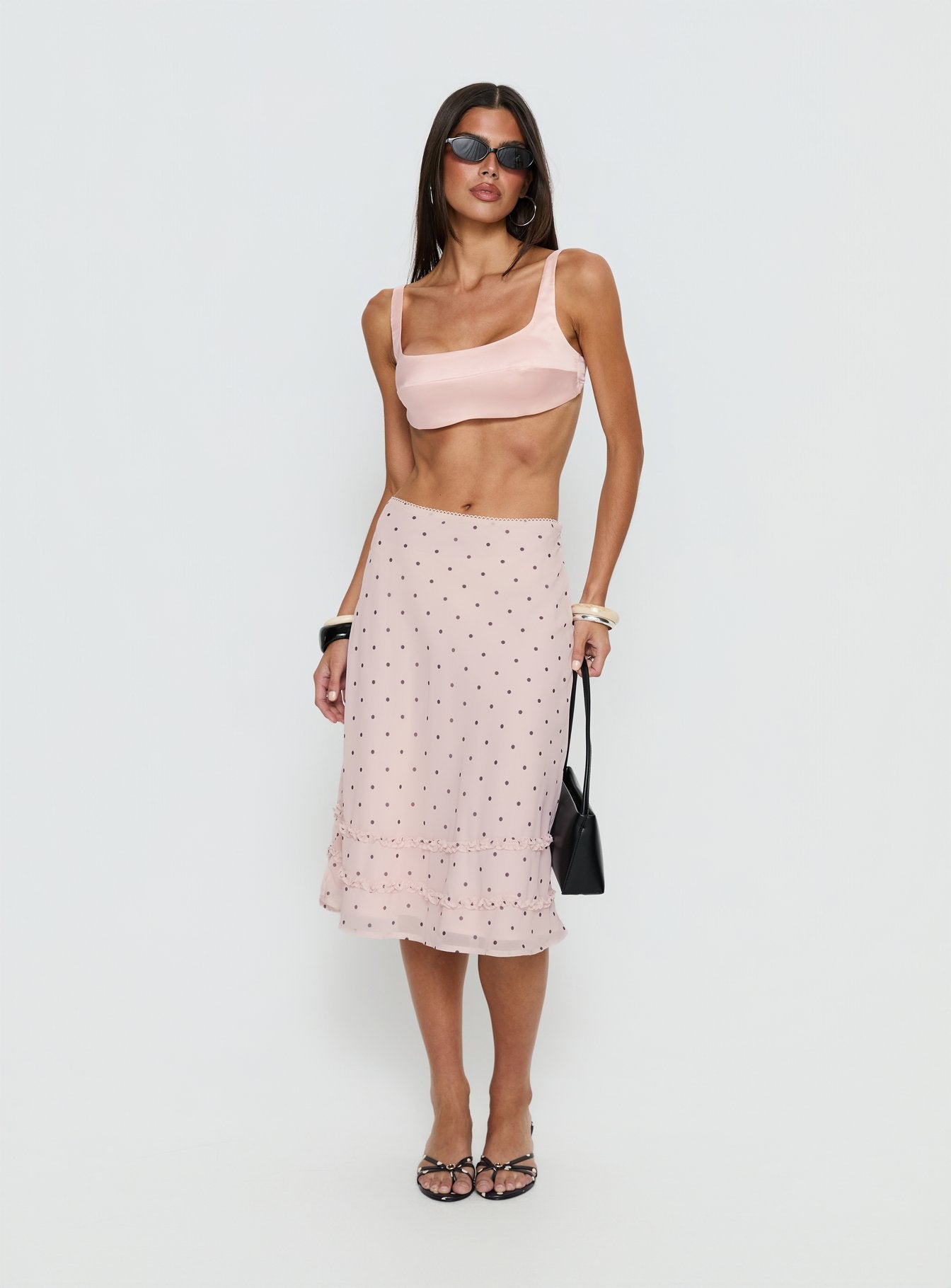 Clarabella Frill Midi Skirt Pink Polka Dot | Princess Polly