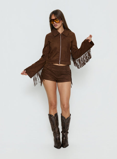 Dakohda Faux Suede Fringe Micro Short Chocolate Brown