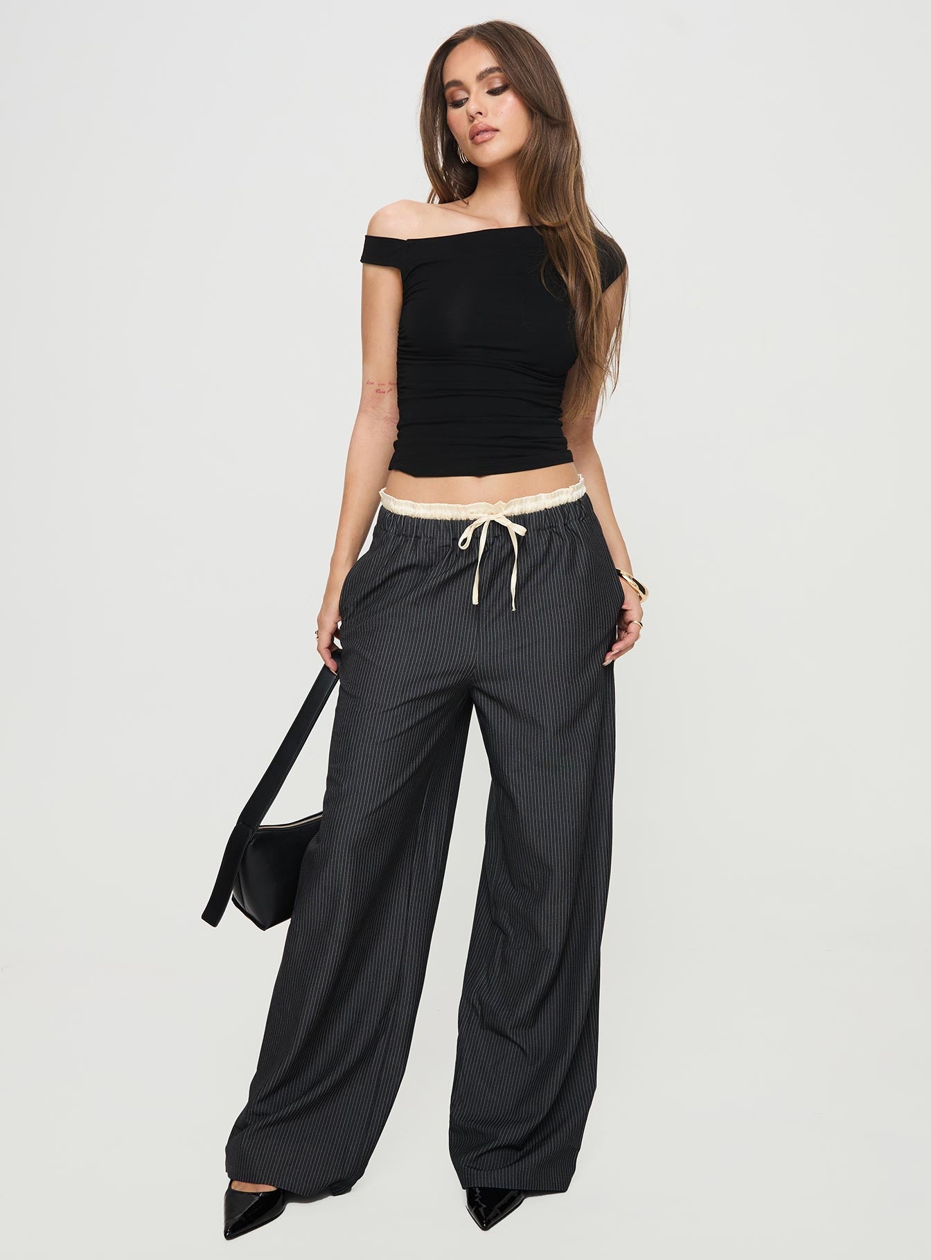 front view of model wearing Princess Polly Seraphic Pants Charcoal Stripe High Waisted Pants 
