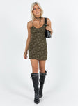 Front view of model wearing  front Princess Polly Crew Neck  Feldman Mini Dress Brown Multi