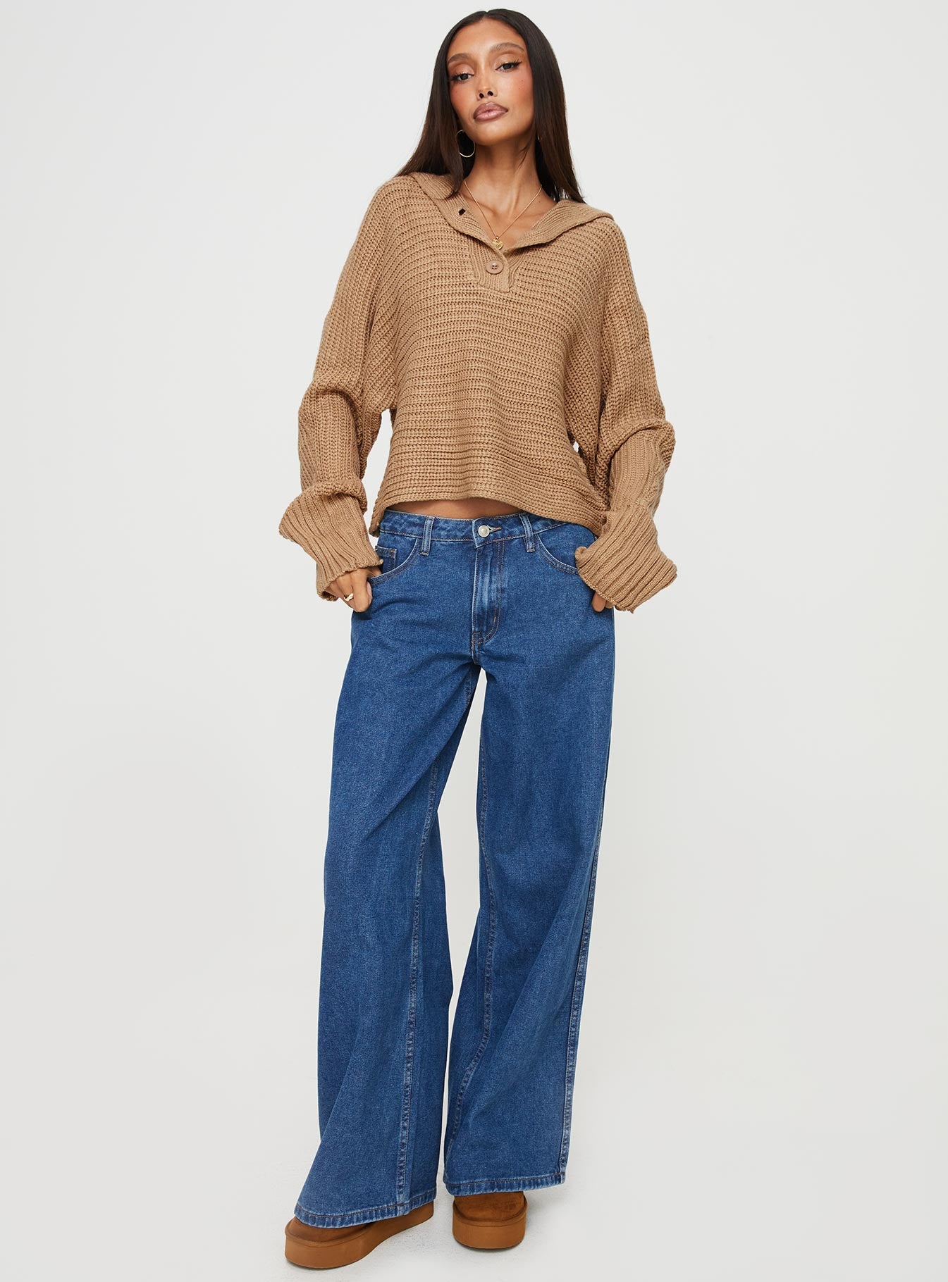 Praiano button front collared sweater latte