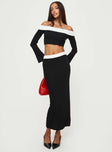 Matching Set Off-the-shoulder long-sleeve top, folded neckline, contrast white bust Elasticated neckline Lined body, good stretch  Slim fitting, midi length skirt, contrast white waistband Elasticated waistband
