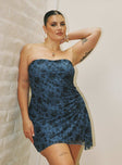 side view of model wearing Princess Polly Donelli Strapless Mini Dress Blue Curve Straight Neck 