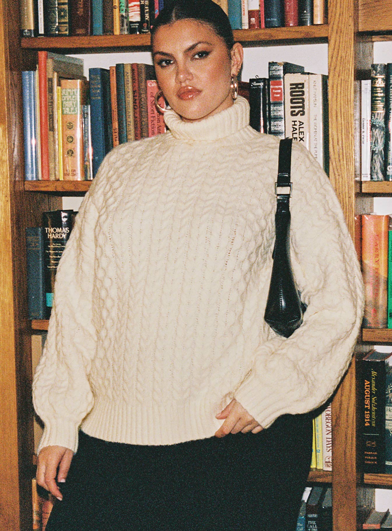 front view of model wearing Princess Polly Judson Roll Neck Cable Knit Sweater Cream Curve regular 