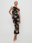 front view of model wearing Princess Polly Goldrush Maxi Dress Black Floral Asymmetric Neckline 