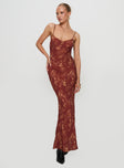 front view of model wearing Princess Polly Bombay Bias Maxi Dress Rust Sweetheart Neckline 