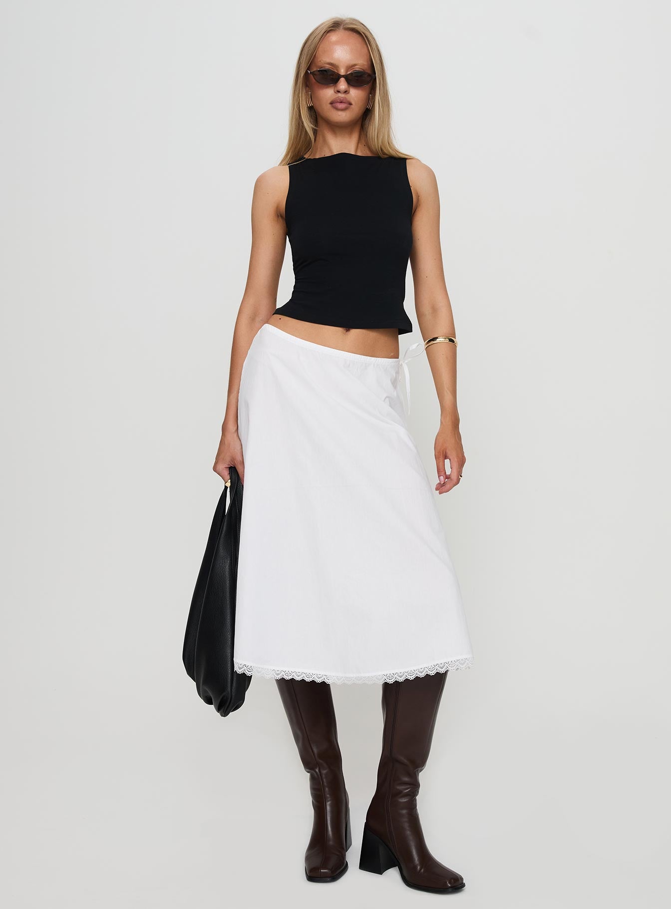   front view of model wearing Princess Polly Taka Midi Skirt White Midi Skirts 