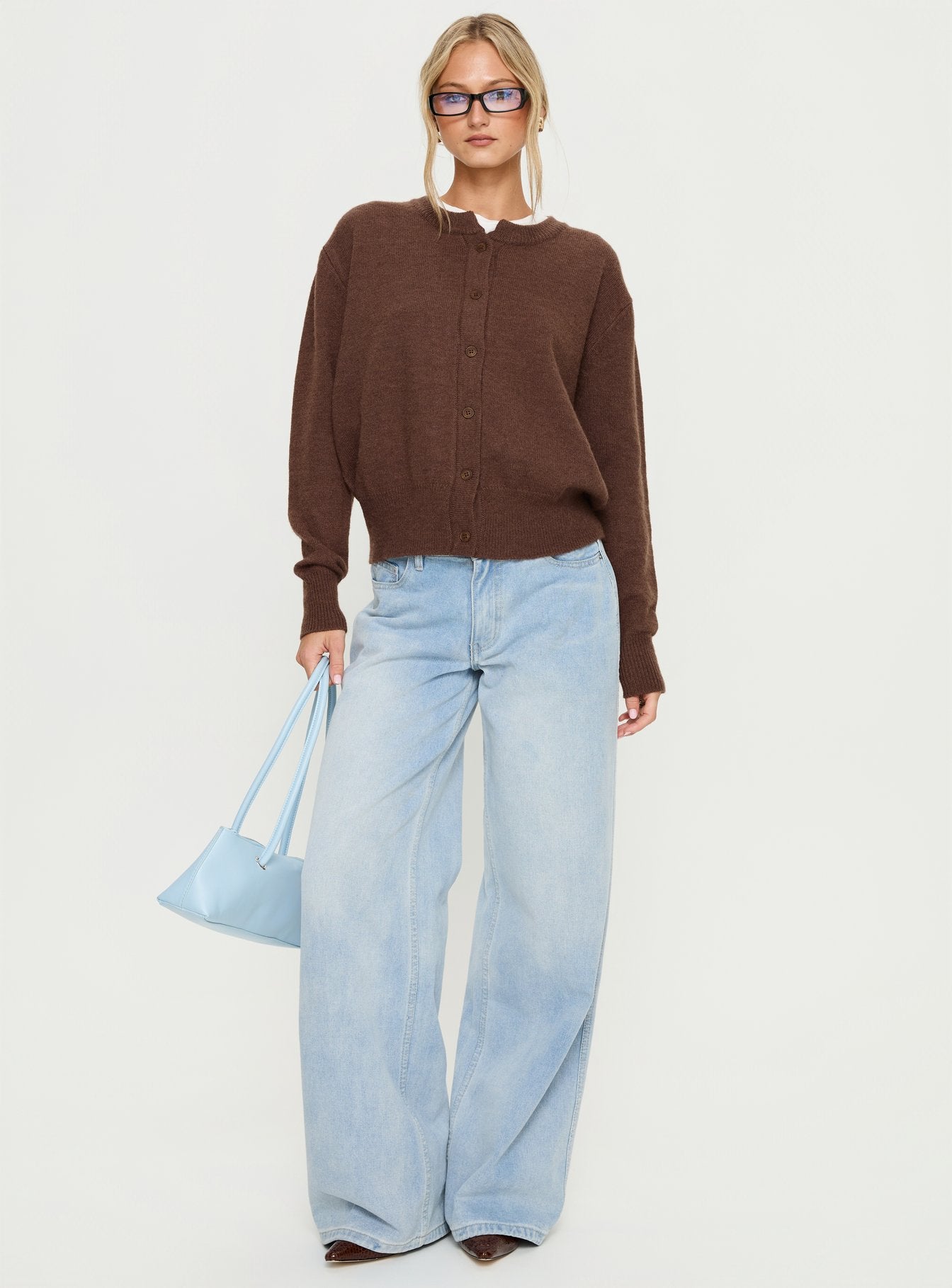 side view of model wearing Princess Polly Melancholia Cardigan Chocolate Longline Jumpers 