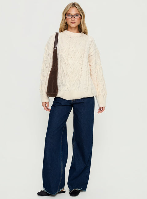 front view of model wearing Princess Polly Rorey Cable Knit Crew Neck Sweater White 