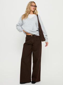 front view of model wearing Princess Polly Stay The Night V Neck Knit Sweater Grey Marle regular 