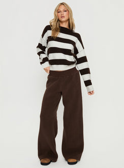 front view of model wearing Princess Polly Corlie Crew Neck Knit Sweater Brown Stripe Cropped Jumpers 