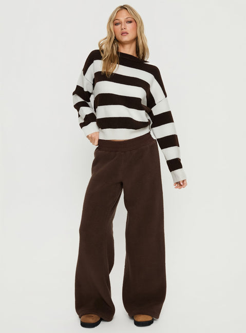 front view of model wearing Princess Polly Corlie Crew Neck Knit Sweater Brown Stripe Cropped Jumpers 