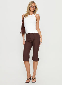 front view of model wearing Princess Polly Giorgie Belted Capri Pant Chocolate Brown High Rise Pants 
