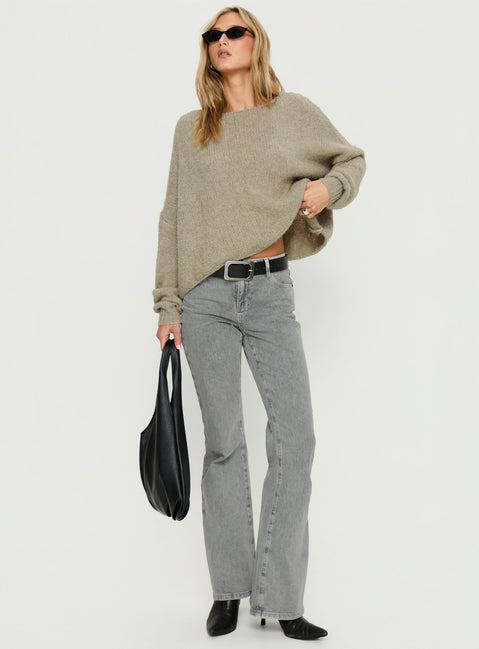 side view of model wearing Princess Polly Ramy Wide Neck Knit Sweater Olive Cropped Jumpers 