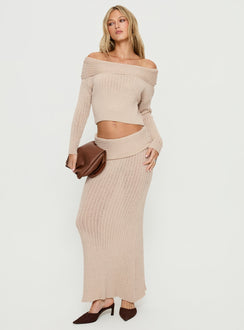 side view of model wearing Princess Polly Devion Foldover Knit Sweater Beige cropped 
