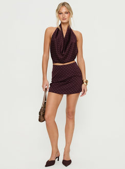   front view of model wearing Princess Polly Keiana Mini Skirt Burgundy / Pink Polka Mini Skirts 