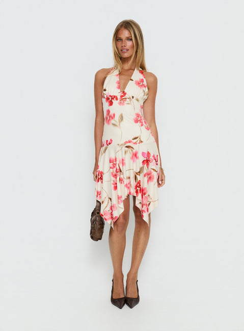 Loreza Halter Asymmetrical Midi Dress | Cream Floral | Womens | Princess Polly Loreza Halter Asymmetrical Midi Dress | Cream Floral | Womens | Princess Polly