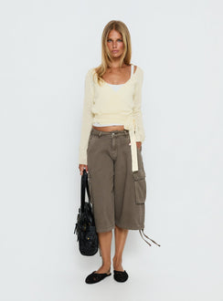 back view of model wearing Princess Polly Tonee Sheer Wrap Knit Cardigan Butter Cream cropped 