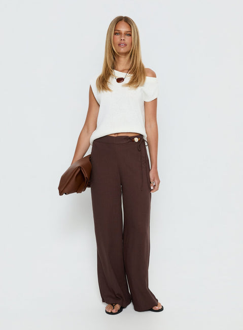 front view of model wearing Princess Polly Pine For You Bead Detail Linen Pant Brown High Rise Pants 