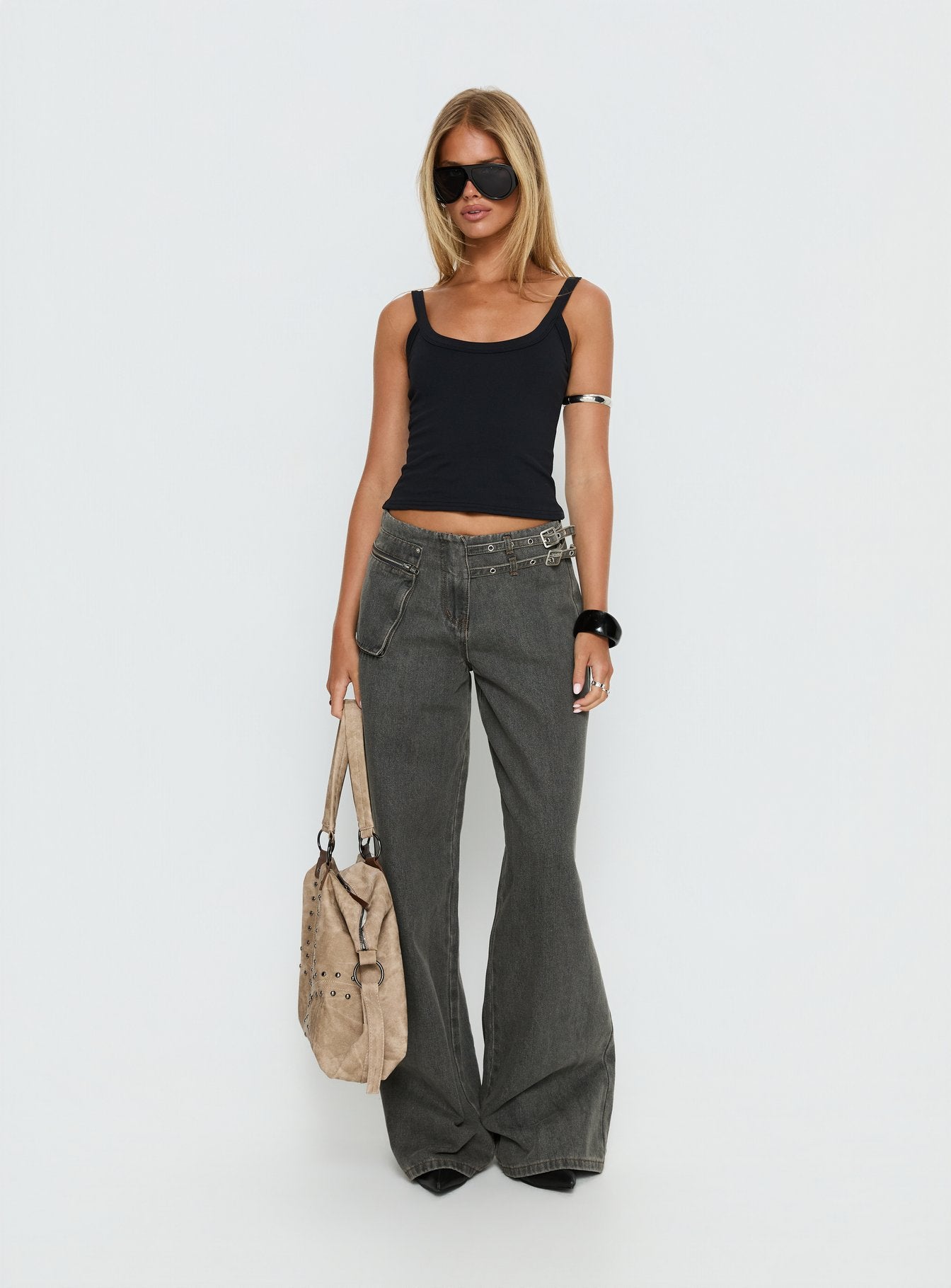 front view of model wearing Princess Polly Paltrow Mid Rise Wide Leg Cargo Jeans Washed Grey Mid Rise Jeans 