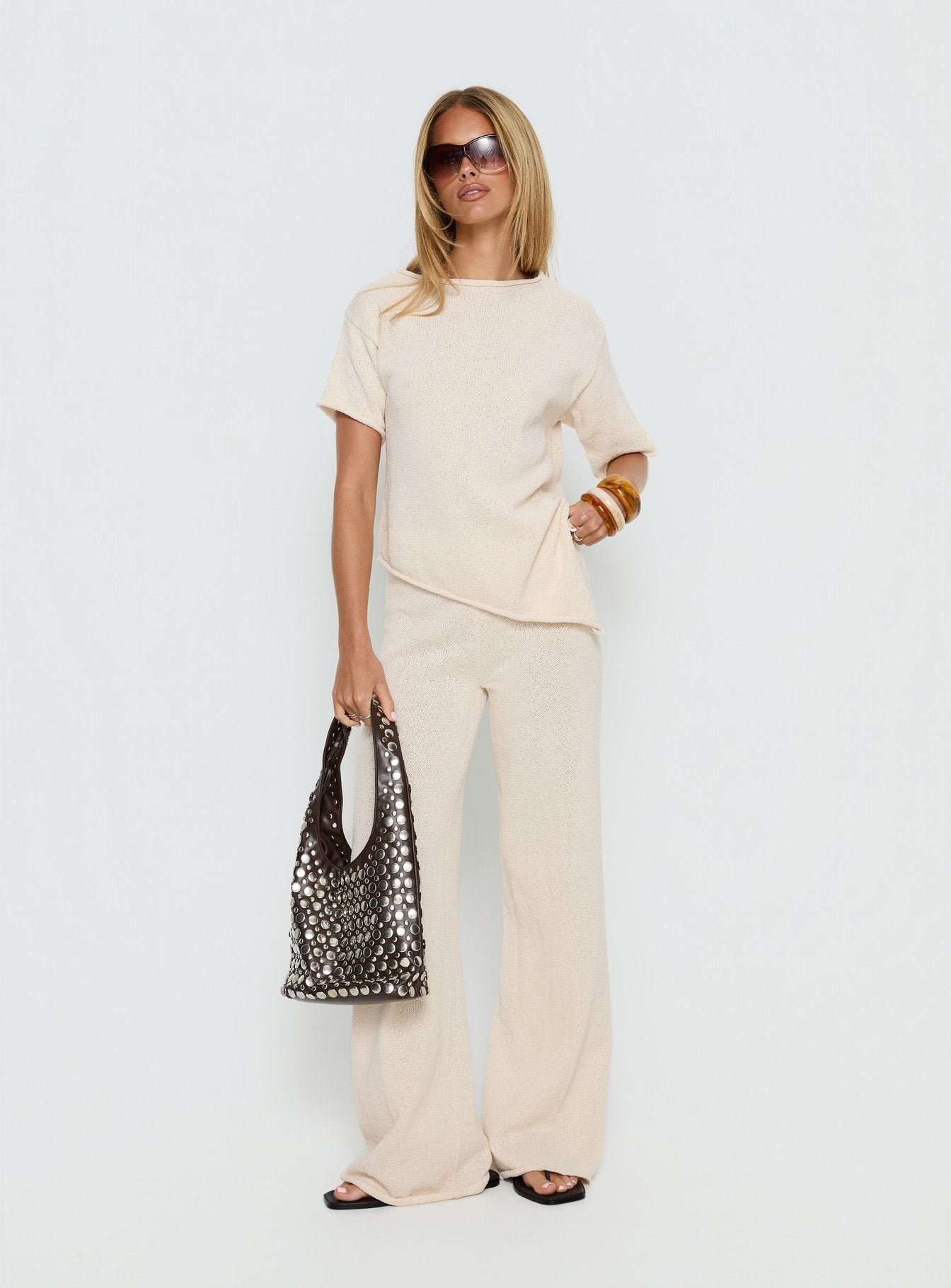 Calisse Knit Wide Leg Pants Beige | Princess Polly