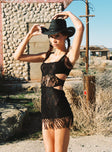 front view of model wearing Princess Polly Dakarie Lace Mini Dress Black Square Neck 