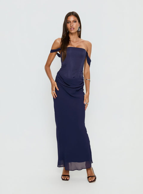 Joslyne Off Shoulder Corset Maxi Dress Navy | Princess Polly Joslyne Off Shoulder Corset Maxi Dress Navy | Princess Polly