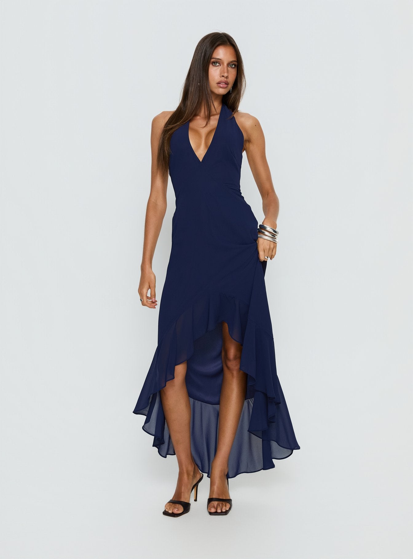 Agata Halter Frill Maxi Dress Navy | Princess Polly Agata Halter Frill Maxi Dress Navy | Princess Polly