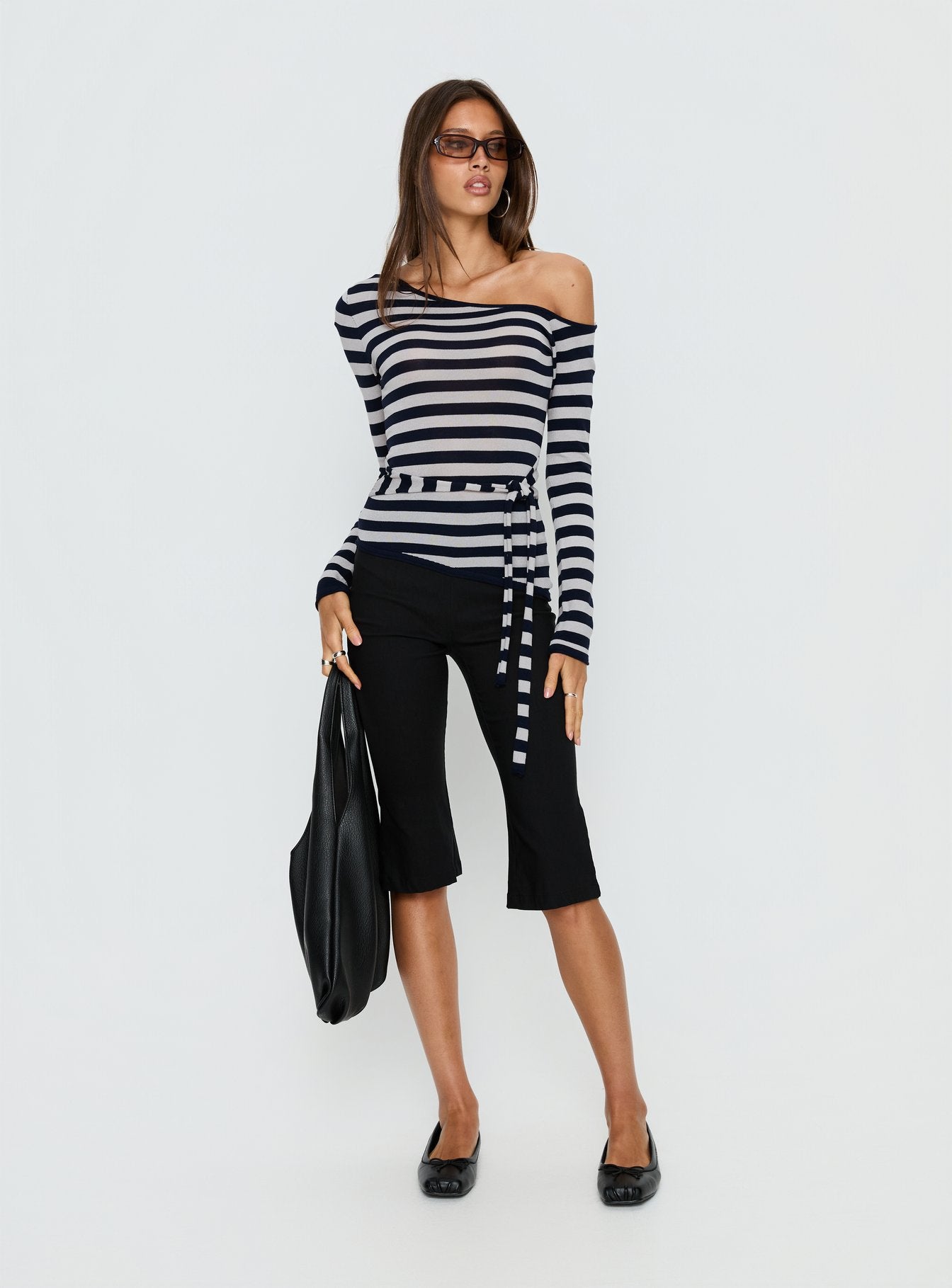 Kastor One Shoulder Long Sleeve Top Navy / Grey Stripe