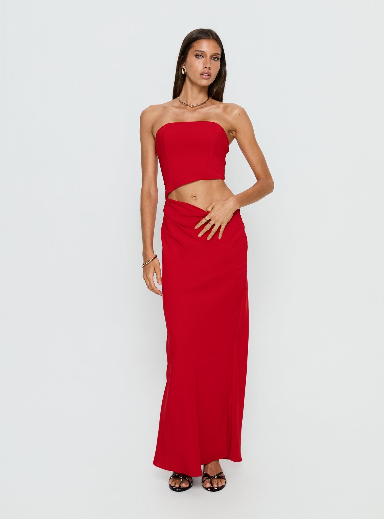 Jasira Strapless Drape Maxi Dress Bold Red | Princess Polly Jasira Strapless Drape Maxi Dress Bold Red | Princess Polly