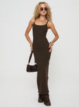 front view of model wearing Princess Polly Kattan Maxi Dress Chocolate Scoop Neck 