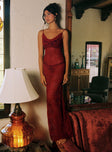 side view of model wearing Princess Polly Dynamo Sheer Lace Maxi Dress Red Scoop Neck 