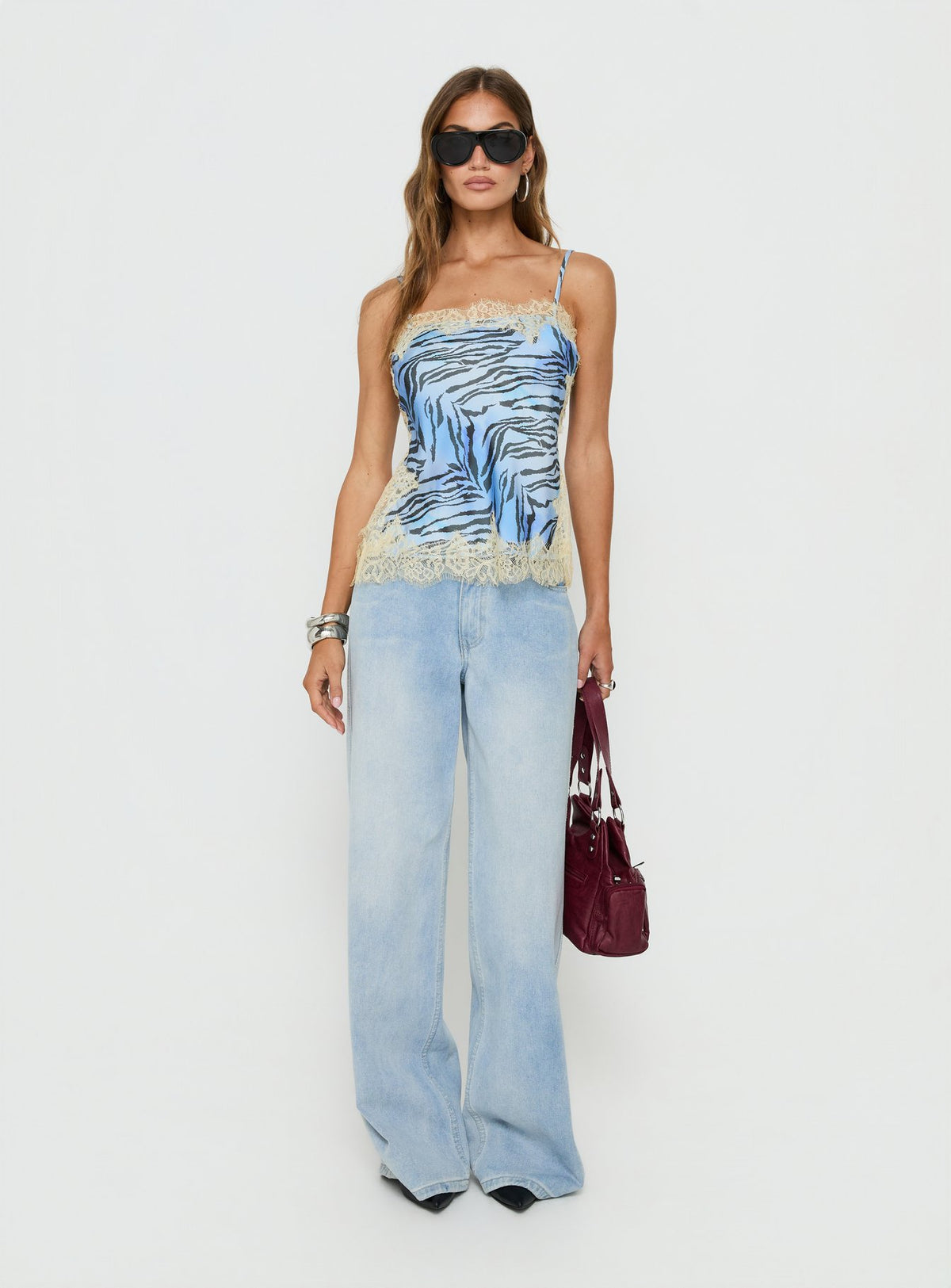 Orisse Lace Trim Cami Top Blue Zebra Multi